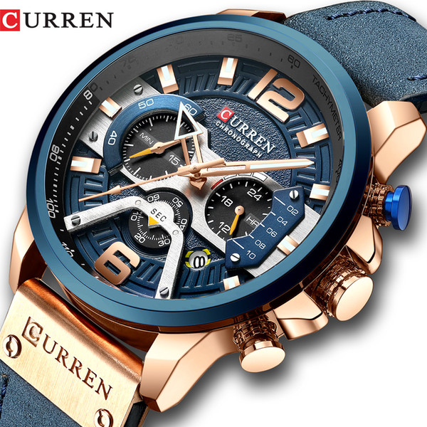 CURREN Casual Sport Watches for Men Blue Top Brand Luxury Military Leather Wrist Watch Man Clock Fashion Chronograph Wristwatch CJ191116