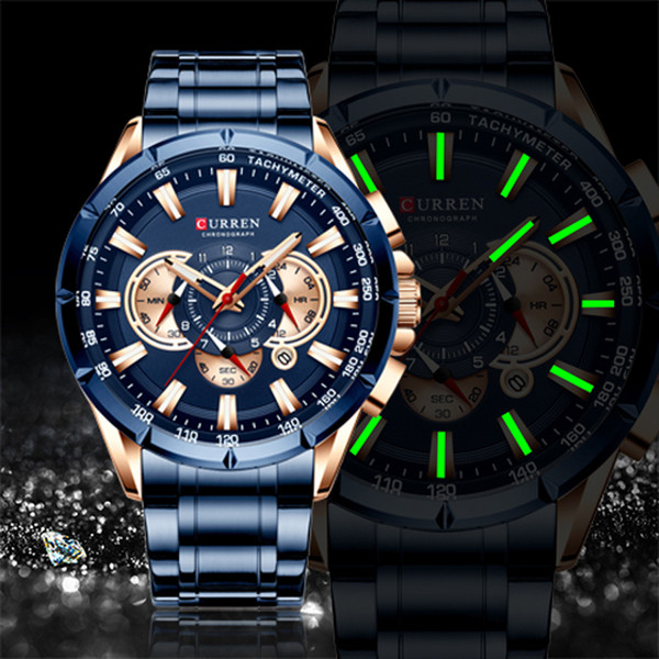 CURREN Luxury Brand Men's Watch Blue Quartz Wristwatch Sports Chronograph Clock Male Stainless Steel Band Fashion Business Watch T200113