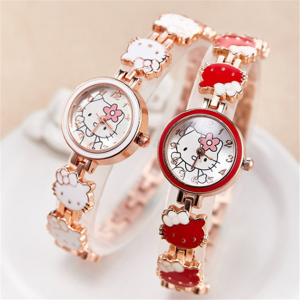 New Fashion Designer Cute KT Cat Children's Electronic Quartz Watch De luxe KT Cat Bracelet Steel Strap Watch Ladies Student Life Waterproof