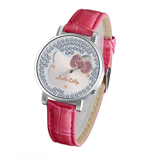 Fashion Children students Girl Hello kitty KT cat crystal style Leather strap Quartz Watch