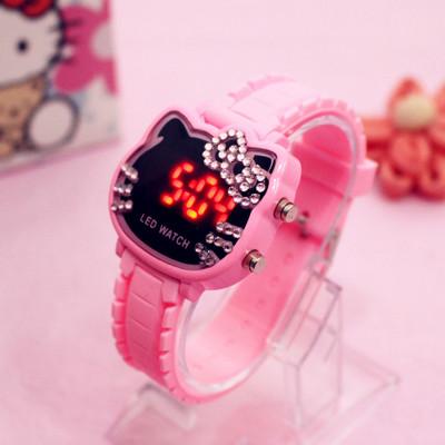 2018 Hot LED Children Watch hello kitty Diamond Digital Watch KT Cat Candy Color Pink Girl Student Caton Watches