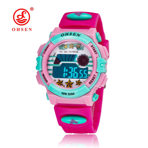 TOP Sale 2017 OHSEN Brand Digital Quartz Wrist Watch Kids Girls 50M Waterproof Rose Red Silicone Strap LCD Back Light Alarm Clocks Relojoes