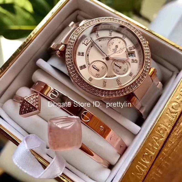 Hot M K A Set Of Damenuhr Parker Edelstahl Chronograph Womens Diamond Gold Watch 5905 Quartz Mens Watches Wristwatch