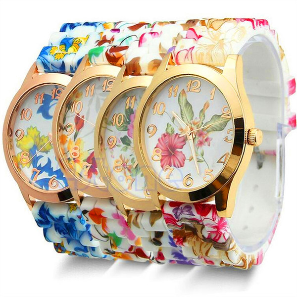 Luxury Watches Fashion Geneva Women Dress Watch Silicone Jelly Candy Rose Gold Flower Quartz Wristwatch Gift Watches