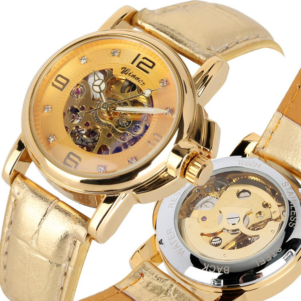 Leisure Stainless Steel Skeleton Classic Hollow Design Automatic-self-winding Mechanical Watches Golden Gear Luminous Hands for Women