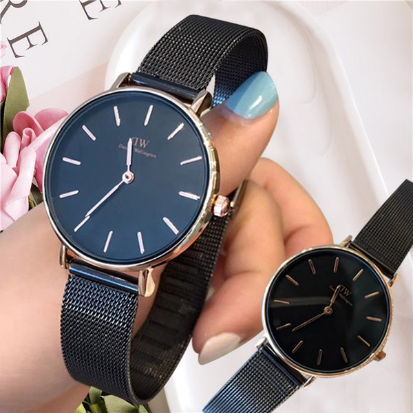 2018 New Fashion Girls Steel strip leather black watches 32mm women watches Luxury Brand aaa Quartz Watch Wristwatches