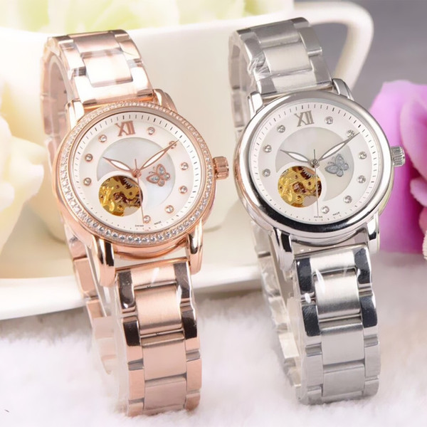 Famous Brand Women's Watch Silver/Rose Golden Case Steel Band Automatic Movement Watches White Dial Fashion Casual Ladies Wristwatches F97