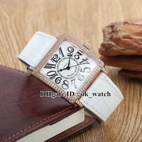 NEW watch Master Square Women's Japan Quartz Watch 6000 H SC DT V D Diamond bezel lady Watches white Leather strap