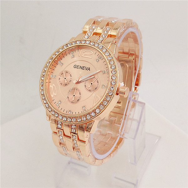 Middle Eastern luxury style steel belt jewelry Large dial three-eye alloy inlaid rhinestone rose gold and silver quartz watch