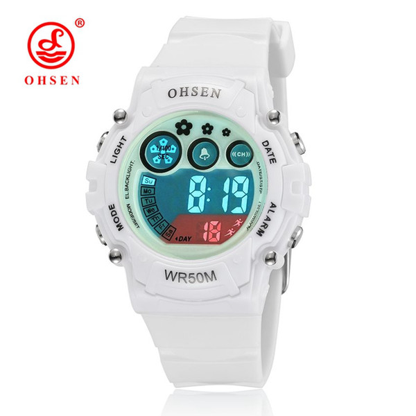 New 2017 OHSEN white rubber band digital LED Wristwatch boys kids 50M waterproof outdoor sports cartoon children watches gifts