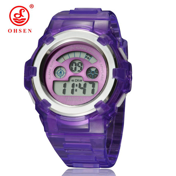 OHSEN Boys Girls Children Kids 7 Colors LED Back Light Digital Multifunction Military Sports Watches Jelly Silicone Band Wrist Watch