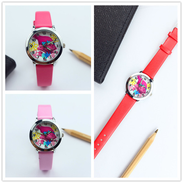 Christmas Kids Cartoon Trolls Style Dial Children Students Girl's Boy's Leather Quartz Wrist Watch Christmas Party Gift 6 Color