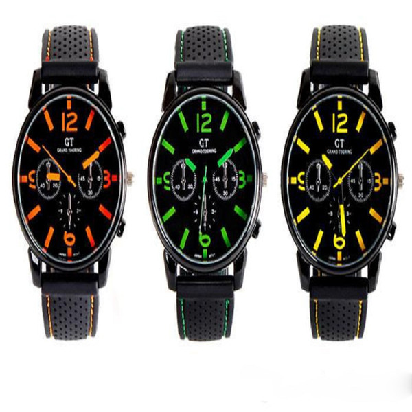 100pcs/lot Fashion Men's Women Unisex Watches GT Sport Racing Car Quartz Watch Military Army Quartz Silicone watches 7 colors