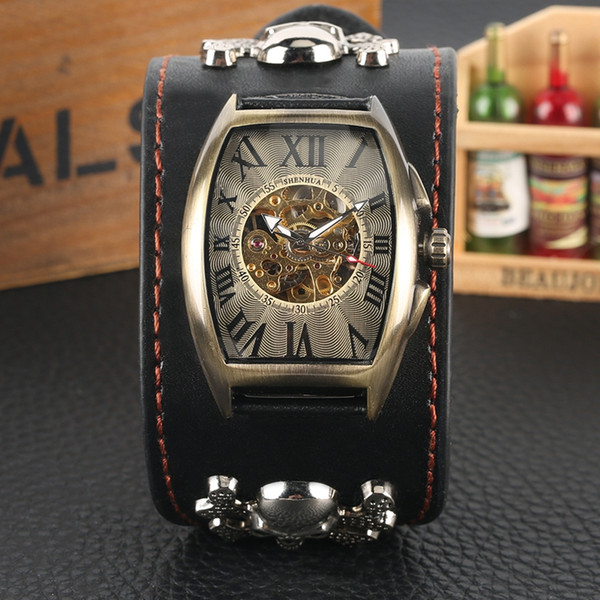 Punk Automatic-self-winding Mechanical Watch with Skull Decorated for Men Vogue Bronze Dial Watches Premium Leather Band Wristwatch