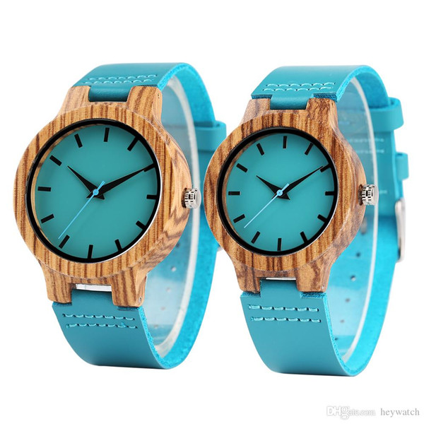 Fashion Blue Wood Watch Analog Quartz Genuine Leather Band Men Women Creative Handmade Bamboo Wooden Wristwatch Sports Casual Clock Gifts