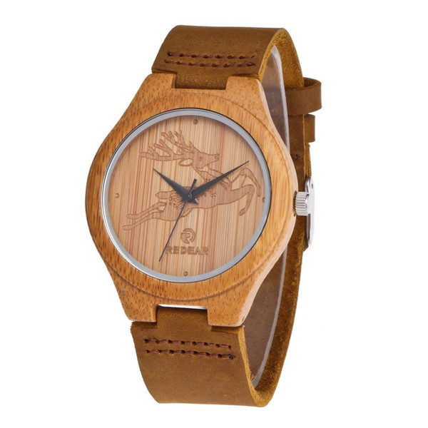 New patented deer pattern genuine leather bamboo wooden watches manufacturer customized wooden watches. Welcome to consult