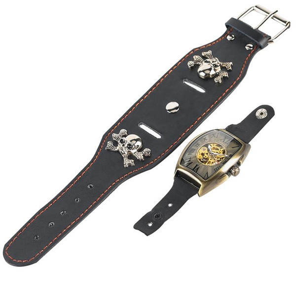 Vogue Punk Style Bronze Men Mechanical Watch Elliptical Dial Automatic-self-winding Premium Leather Watchband Skull Decorated Wristwatch