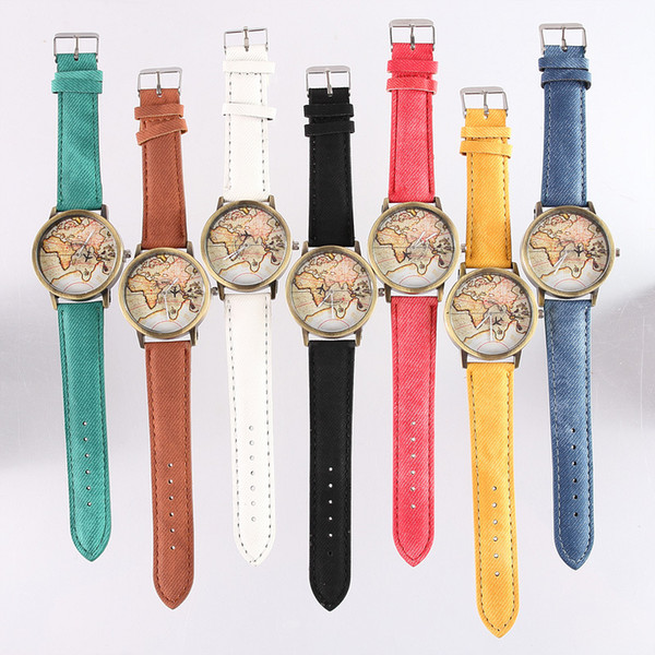 The Map of The World Fashional Unisex Casual Watch Leather Brand Quartz Watch White Plate White Black Light Brown Strap