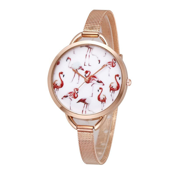 Hot Sale 4 Colors Pink Flamingo Alloy Fine Steel Mesh Belt Watch Wristwatch Gift For Couple Man Woman