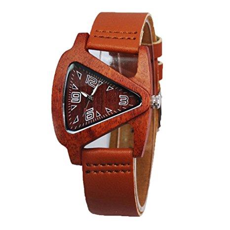 Unisex Charm Glass Bamboo Wooden Watches For Men and Women Fashion Triangle Genuine Leather Analog Quartz Wrist Watch