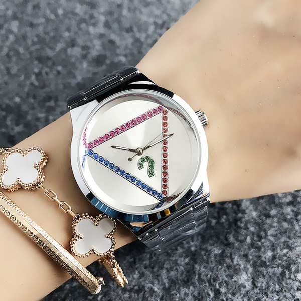 Fashion Brand women's Girl Colorful crystal triangle style dial Metal steel band quartz wrist watch GS13