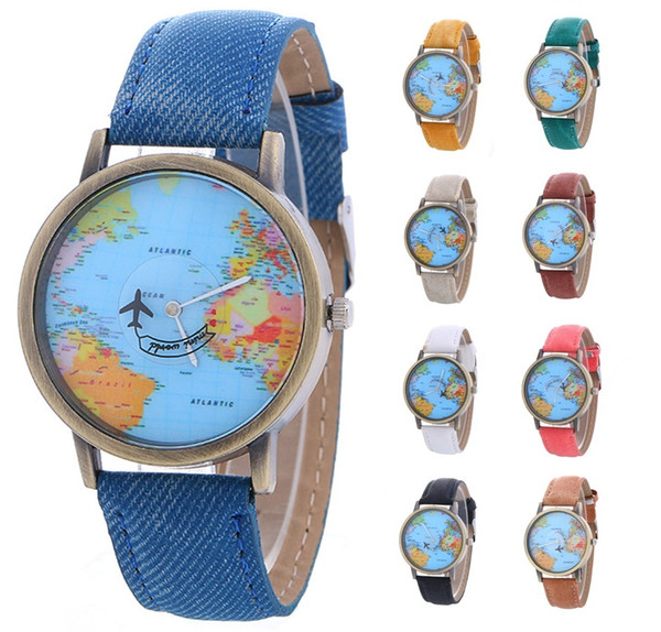 Wholesale New women leather world map watch fashion plane printing ladies cowboy dress quartz wrist watches for women ladies