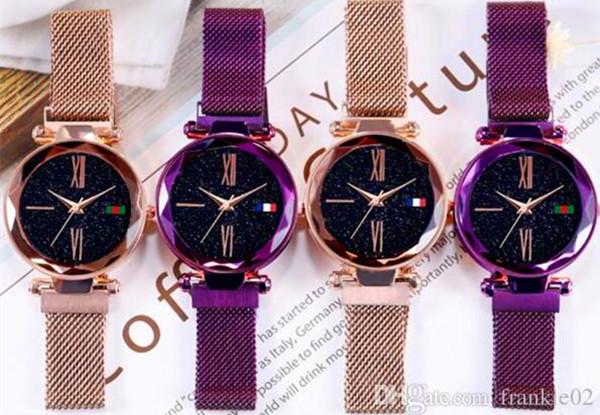 2018 latest lady quartz watch with magnet mesh watchband diamond shining starry sky dial rose gold blue black purple color best for gift