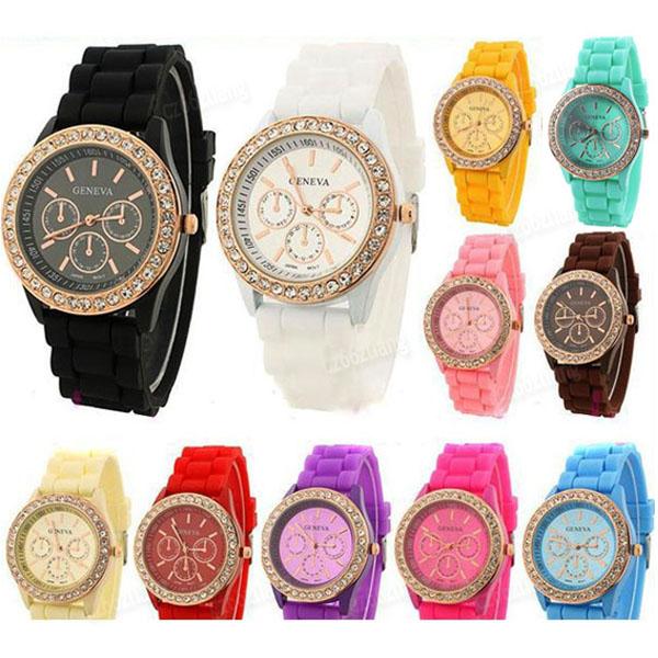 New Fashion Geneva Watches Vintage Golden Quartz Watches Crystal Rhinestone Watches Silicone Strap Wrist Watch For Nurse Women