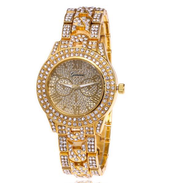 Gold silvery Rose Gold Luxurious crystal GENEVA 3 eyes Rome steel strip Wrist Watch High-grade fashion woman quartz Wrist watch