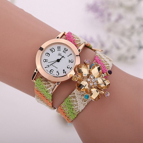 New fashion Design Casual Summer Style geneva Fabric Bracelet Women dress watches crystal flower pendant Reloj Mujer Wrist Watch XR1269