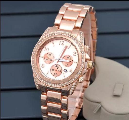 Top Fashion Brand New Women's Full Stainless Steel Quartz watches date Calendar diamond Dress Wristwatches for lady girls M&K-04