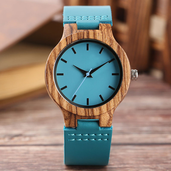 Top Wood Watches Womens Blue Natural Bamboo Handmade Quartz Wristwatch Creative Ladies Genuine Leather Standard Dial Clock Gift