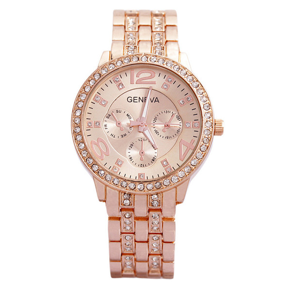 Geneva Stainless Steel Women Watch luxury Gold Rhinestone Metal Watches Geneva Crystal Watches 50 pcs DHL Free