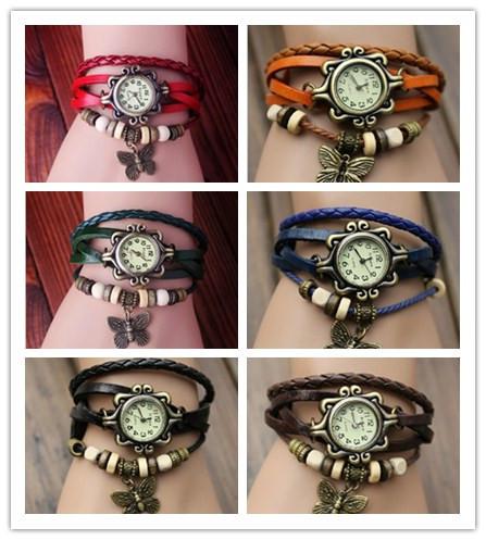 Wrap Watches Weave Bracelet Women Fashion Leather Wrist Watches Lady Butterfly Pedant Round Dial Charming Quartz Watches DHL Free Shipping