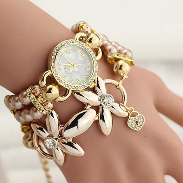 Bracelet Watch Women Ladies Fashion Quartz-watch Female Clock Flower Imitation Pearl Chain Wrist Watches Quartz free shipping