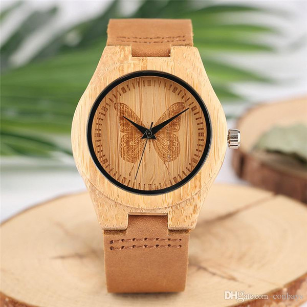 Stylish Elegant Butterfly Design Display Quartz Wood Watch Brown Genuine Leather Watch Strap Buckle Charming Clock Best Gift for Beauty Lady