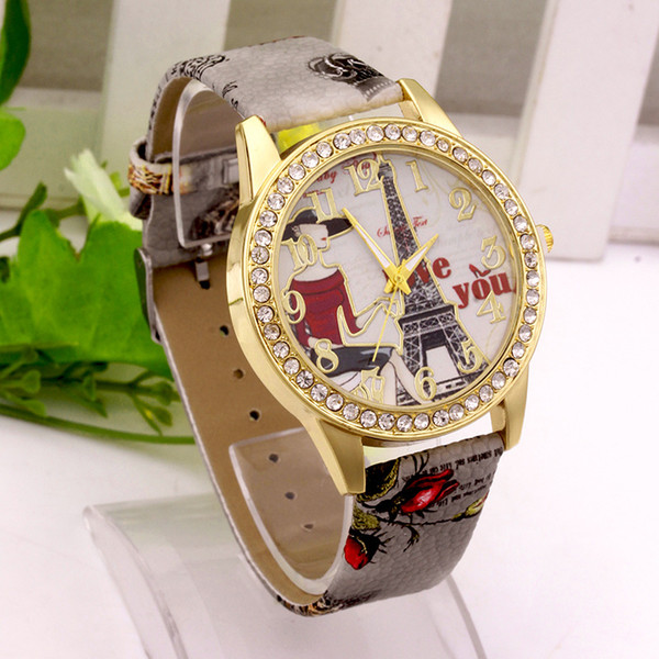Luxury Design Women rhinestone Diamonds watches fashion Eiffel Tower LOVE you print PU leather quartz casual wristwatches Dress ladies watch