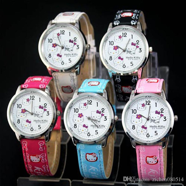 Fashion Children students Girl Hello kitty KT cat style Leather strap Quartz Wrist Watch