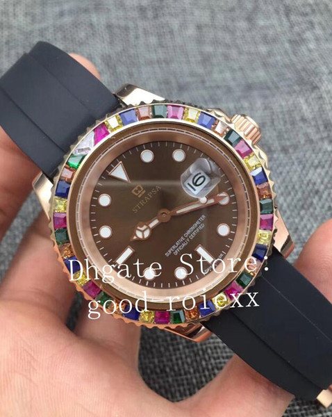 Luxury Men's Automatic 2813 Pave Gem-Set Multi Color Rainbow Bezel Watches Men Brown Dial Rose Gold 116695 Master 116655 Rubber Strap Watch