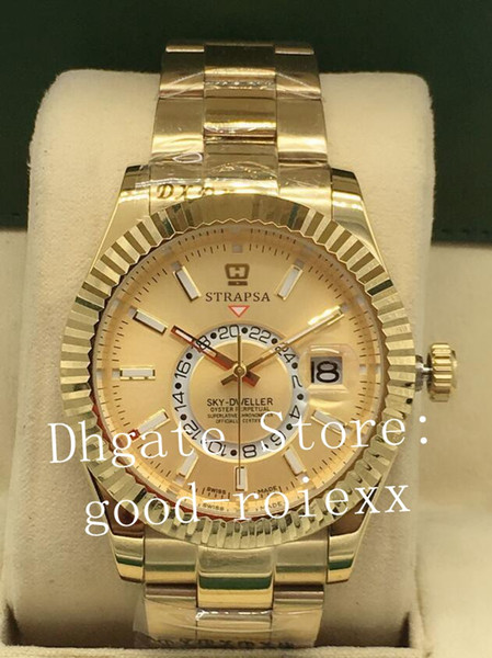 Luxury Full Gold Watch Men 2813 Automatic Champagne Dial 326935 Sky Dweller GMT Working Sapphire Luminous 326938 Mens Perpetual Watches