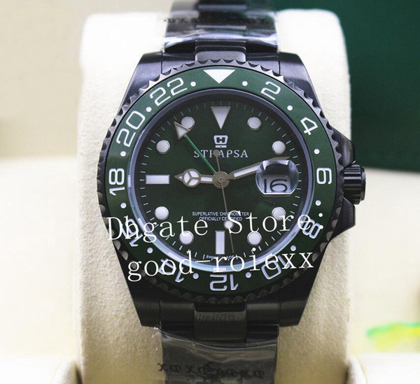 Mens Green Ceramic Bezel Dial Watch Black Pvd DLC Coating Mechanical 2813 Gmt II Watches Men 116710 Sport Sapphire 116719 Dive Wristwatches