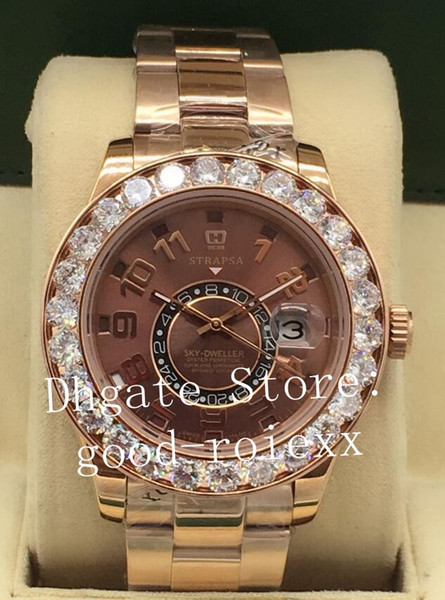 Luxury Mens Rose Gold Big Diamond Bezel Watch Men 2813 Automatic Brown Dial 326935 Sky Dweller GMT Sapphire Perpetual Dual Time Zone Watches