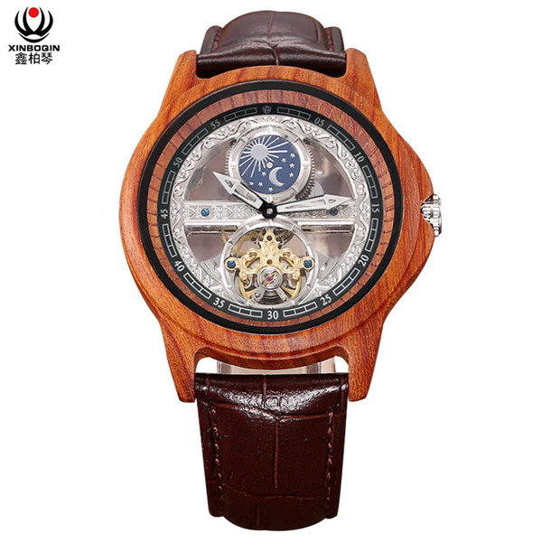 XINBOQIN Factory Wholesale Creative Design Moon Phase Leather Waterproof Mens Automatic Mechanical Wood Watch Custom Logo Small order