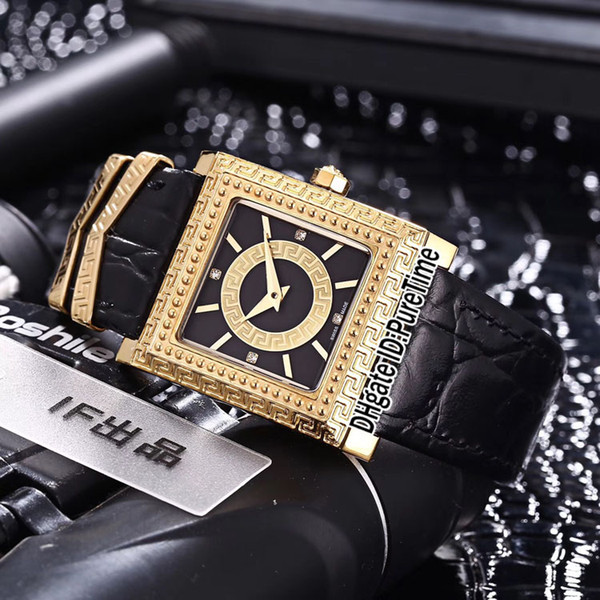 New 30mm VQF020015 Yellow Gold Sculpture Bezel Black Dial Swiss Quartz Womens Watch Black Leather Womens Watch Lady Watches 8 Colors VS45a1