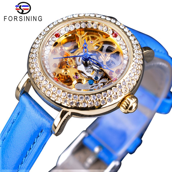 Forsining Office Lady Design Fashion Black Belt Small Dial Diamond Display Women Casual Luxury Skeleton Automatic Wrist Watches SLZe119