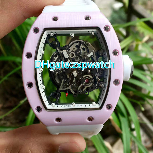 Pink ceramic case watch white rubber strap band mechanical big size for lady wristwatch sport 055 brand watches