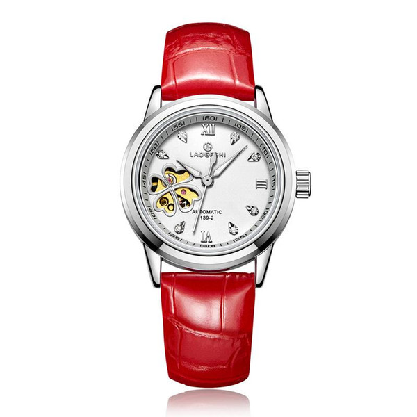 Women's Automatic Mechanical Casual watch Brand watches white Red dial Hollow Ladies stainless steel strap sports Female Clover wristwa