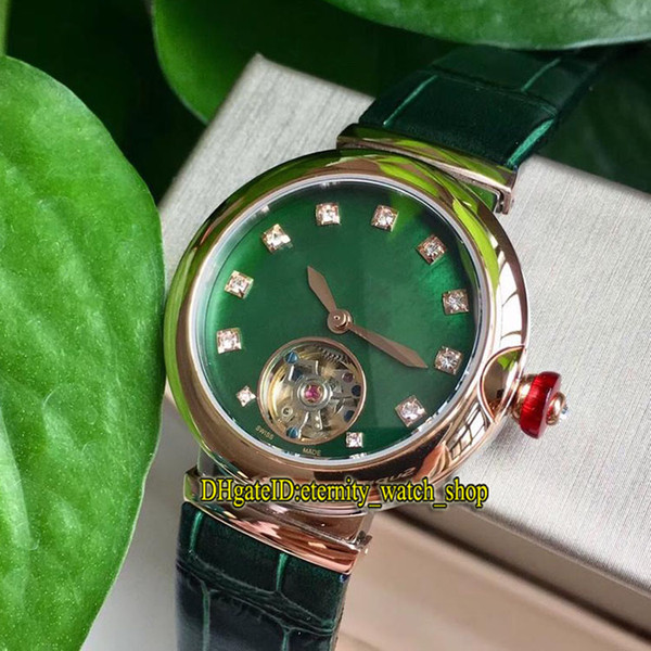 Luxry New LVCEA 102693 Diamonds Green Dial Automatic Mechanical Tourbillon Womens Watch 102694 Rose Gold Case Leather Strap Lady Watches