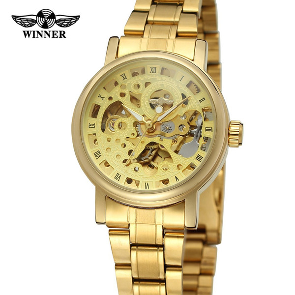 WINNER Top Fashion Womens Luxury Watch Relogio Skeleton Mechanical Watch Automatic Stainless Steel Wristwatches Women Gold Relojes Hombre