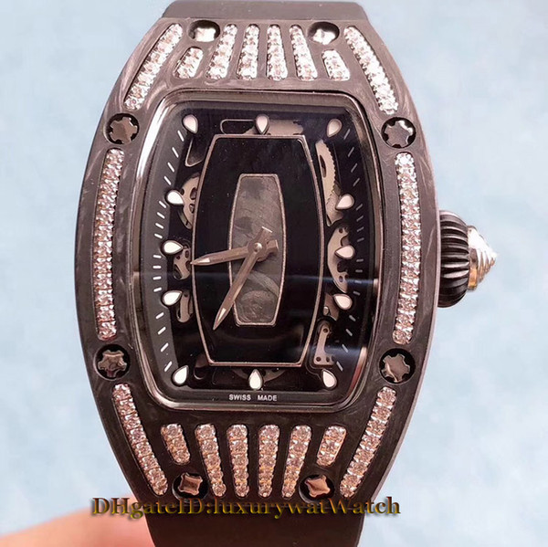 Luxry New RM 037 RG-CA Black Dial Silver Diamond Black PVD Titanium Case Automatic Mechanical RM037 Ladies Watch Rubber Strap Woman Watches